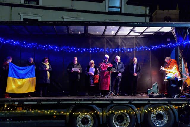 The Rev Judi McGaffin was among the speakers at Market Square in Buncrana on Thursday evening during a candle-lit vigil in solidarity with the people of Ukraine.  Photo: George Sweeney.  DER2209GS – 056