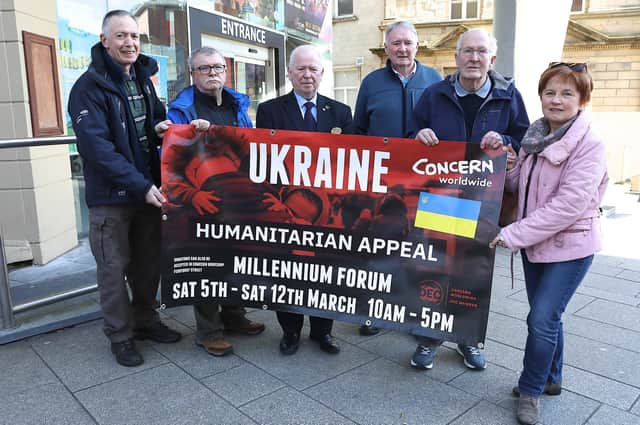 Included in photo, from left, are Lawrence Hegarty, Charlie Glenn, Michael Carlin (Millennium Forum), Tommy McDermott, Eunan O’Donnell and Cora Morrison. (via Tom Heaney)