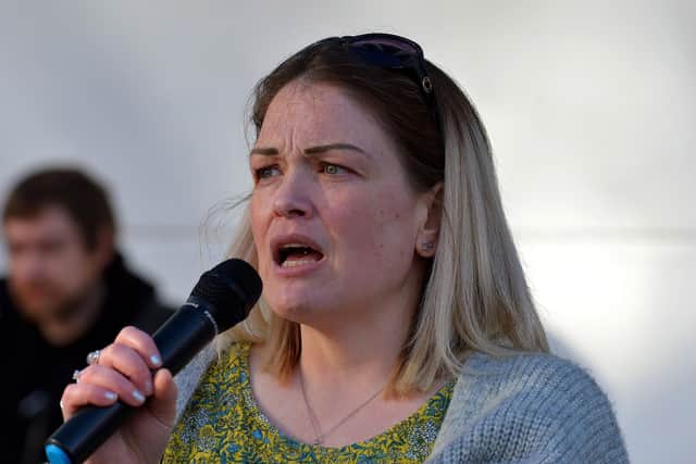 Sinead Quinn speaking at the Derry Against Fuel Poverty rally in Waterloo Place on Saturday afternoon last. Photo: George Sweeney.  DER2209GS – 056