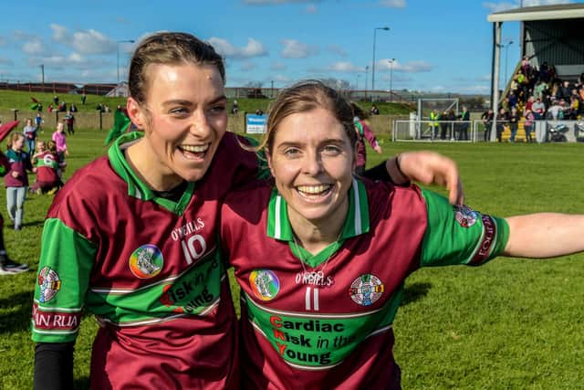 Eoghan Rua's Rosanna McAleese and Kathryn Mullan celebrates after Saturday's AIB All-Ireland Junior Club Camogie Championship Final in Drogheda. (Photo: INPHO/Cathal McOscar)
