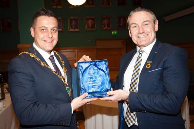 The Mayor of Derry City and Strabane District Council, Graham Warke made a special presentation to Ciaran McLaughlin in recognition of his appointment as Ulster GAA President, during a reception in the Guildhall on Monday night. (Photo: Jim McCafferty)