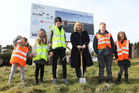 Education Minister Michelle McIlveen with pupils from Ardnashee School and College at the sod cutting ceremony for the new £34 million school on the former Foyle College site at Northland Road.