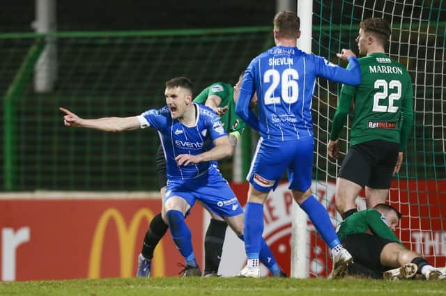 Coleraine’s Stephen O’Donnell celebrates scoring this season at Glentoran. Picture by Matt Mackey/INPHO