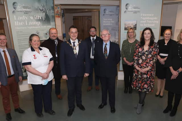 Mayor of Derry and Strabane, Alderman Graham Warke, pictured with Prof. Martin Bradley, Secretary of the Florence Nightingale Foundation Committee NI, and Roisin Doherty, curator at the Tower Museum, at the launch of the Florence Nightingale and Nursing in Ireland Exhibition held in the Tower Museum. Included, on left, are Prof. Malachy O'Neill, Director of Regional Engagement, UU, Isabel Stephenson, student nurse, UU, Tim Johnston, DoH, Andrew Doherty, RCN, Prof. Martin Bradley, FNF, Karen Murray, RCM, Donna Keenan, Director of Nursing, Western Health & Social Care Trust and Prof. Sonja McIlfatrick, Head School of Nursing, UU (Photo - Tom Heaney, nwpresspics)