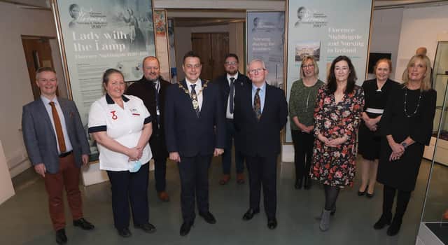 Mayor of Derry and Strabane, Alderman Graham Warke, pictured with Prof. Martin Bradley, Secretary of the Florence Nightingale Foundation Committee NI, and Roisin Doherty, curator at the Tower Museum, at the launch of the Florence Nightingale and Nursing in Ireland Exhibition held in the Tower Museum. Included, on left, are Prof. Malachy O'Neill, Director of Regional Engagement, UU, Isabel Stephenson, student nurse, UU, Tim Johnston, DoH, Andrew Doherty, RCN, Prof. Martin Bradley, FNF, Karen Murray, RCM, Donna Keenan, Director of Nursing, Western Health & Social Care Trust and Prof. Sonja McIlfatrick, Head School of Nursing, UU (Photo - Tom Heaney, nwpresspics)
