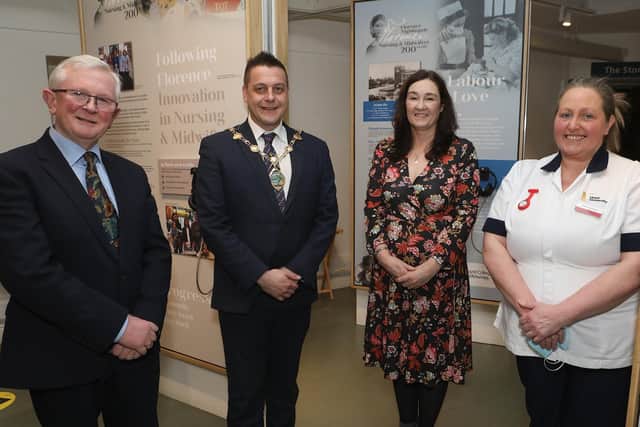 Mayor of Derry and Strabane, Alderman Graham Warke, pictured with Prof. Martin Bradley, Secretary of the Florence Nightingale Foundation Committee NI, Prof. Sonja McIlfatrick, Head of School of Nursing UU, and on right, Student Nurse Isabel Stephenson (Studying at the School of Nursing, University of Ulster Magee) at the launch of the Florence Nightingale and Nursing in Ireland Exhibition held in the Tower Museum. (Photo - Tom Heaney, nwpresspics)