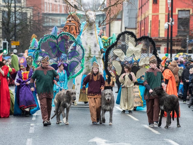 Three Irish Wolfhounds lead a previous Derry City and Strabane District Council's the annual Spring Carnival on St. Patrick's Day in Derry.