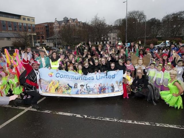 The Mayor of Derry City and Strabane District Council, Alderman Hilary McClintock pictured with Louise Hughes, Communities United Co-Ordinator, GSCA and some of the parents and children that took part in the St. Patrick’s Day Parade on Friday last. (Photos: Jim McCafferty Photography)