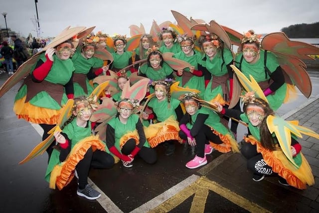 Performers from St. Cecilia’s College pictured during Friday’s St. Patrick’s Day Parade in the city.
