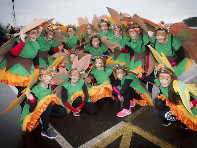 Performers from St. Cecilia’s College pictured during Friday’s St. Patrick’s Day Parade in the city.