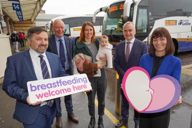 Translink has joined the Public Health Agency’s (PHA) Breastfeeding Welcome Here scheme – a programme that aims to increase the number of locations which welcome breastfeeding mums.  Health Minister Robin Swann and Infrastructure Minister Nichola Mallon welcome Translink’s involvement and are pictured launching the scheme with the CEO of the Public Health Agency Aidan Dawson; Translink Group CEO Chris Conway and Breastfeeding mum Christine McPherson and her baby Reggie.