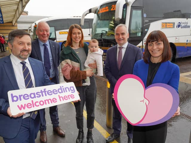 Translink has joined the Public Health Agency’s (PHA) Breastfeeding Welcome Here scheme – a programme that aims to increase the number of locations which welcome breastfeeding mums.  Health Minister Robin Swann and Infrastructure Minister Nichola Mallon welcome Translink’s involvement and are pictured launching the scheme with the CEO of the Public Health Agency Aidan Dawson; Translink Group CEO Chris Conway and Breastfeeding mum Christine McPherson and her baby Reggie.