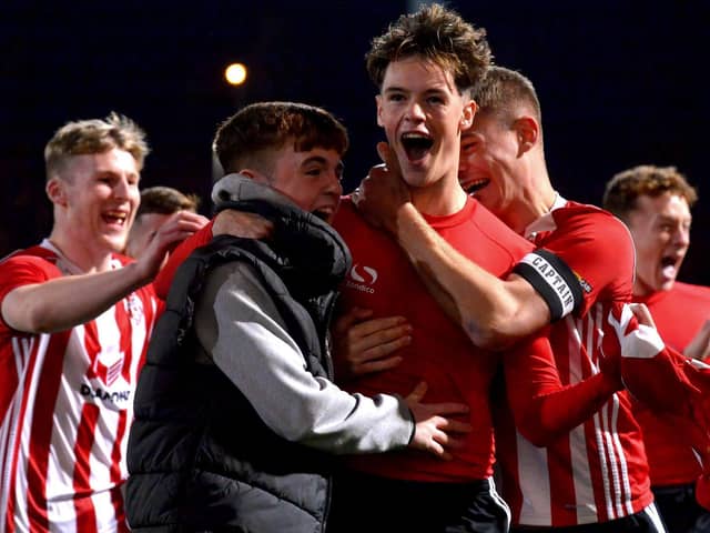 Ex Derry City striker Michael Harris celebrates his winning goal in the Enda McGuill Cup Final.