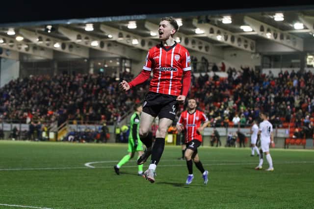 Jamie McGonigle celebrates his second goal of the night against Drogheda. Photograph by Kevin Moore.