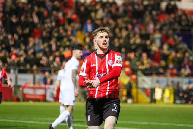 Jamie McGonigle celebrates giving Derry City an early lead against Drogheda United at the Ryan McBride Brandywell Stadium. Photograph by Kevin Moore.