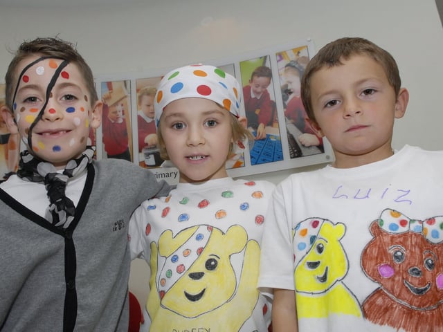 Brandon, Calum and Luiz pictured during the 'Show Your Spots' day held at Lisnagelvin Primary School on Friday to raise money for BBC Children in Need. INLS4710-163KM