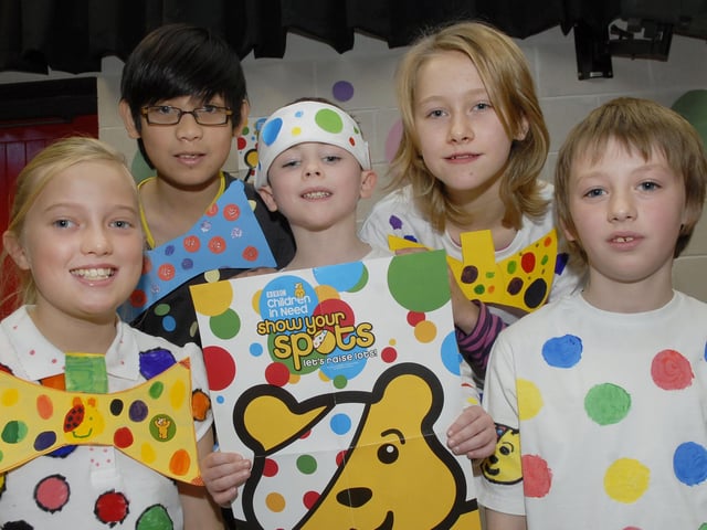 Taking part in the 'Show Your Spots' day held at Lisnagelvin Primary School on Friday to raise money for BBC Children in Need were, from left, Zoe, Karl, Mark, Leah and Mark. INLS4710-169KM