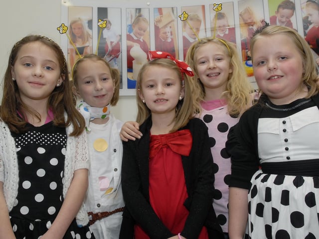 Sarah, Rhea, Amy, Hannah and Ava enjoyed the 'Show Your Spots' day held at Lisnagelvin Primary School on Friday to raise money for BBC Children in Need. INLS4710-165KM