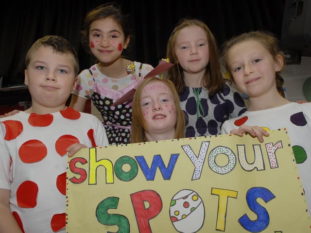 Ewan, Amber, Courtney, Zara and Amy were pictured during the 'Show Your Spots' day held at Lisnagelvin Primary School on Friday to raise money for BBC Children in Need. INLS4710-166KM