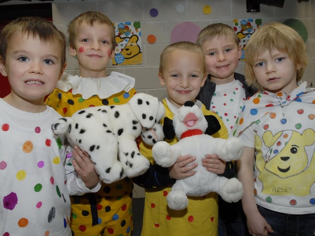 Pictured during the 'Show Your Spots' day held at Lisnagelvin Primary School on Friday to raise money for BBC Children in Need were Peter, Harry, Jonathan, Carson and Reece. INLS4710-167KM