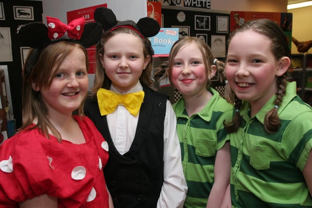 Dressed in character from story books are pupils (from left), Chloe Gibson and Chloe Henry, as 'Minnie & Mickey', and a double act with Laura Smallwoods and Holli Sargent, at the storytelling day at Lisnagelvin primary school, organised as part of the school's 'Book Day' event. (2802T05).