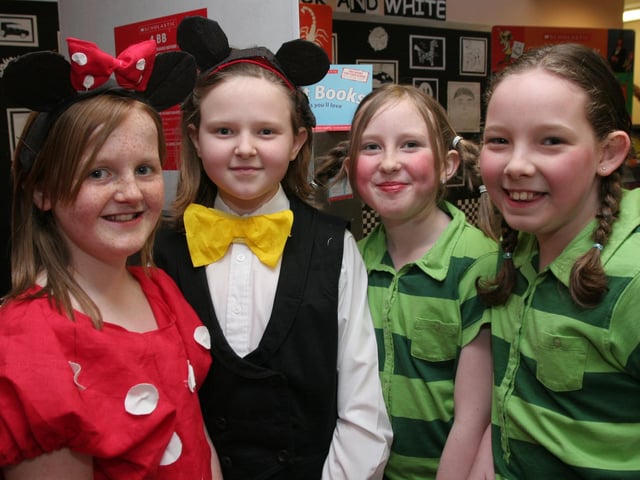 Dressed in character from story books are pupils (from left), Chloe Gibson and Chloe Henry, as 'Minnie & Mickey', and a double act with Laura Smallwoods and Holli Sargent, at the storytelling day at Lisnagelvin primary school, organised as part of the school's 'Book Day' event. (2802T05).