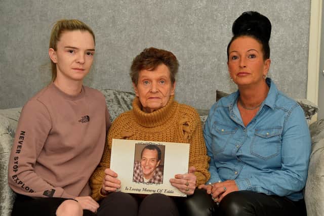 Aoife Wade, left, daughter of Edward Meenan, his mother Nancy and sister Tanya. Photo: George Sweeney.  DER2211GS – 046