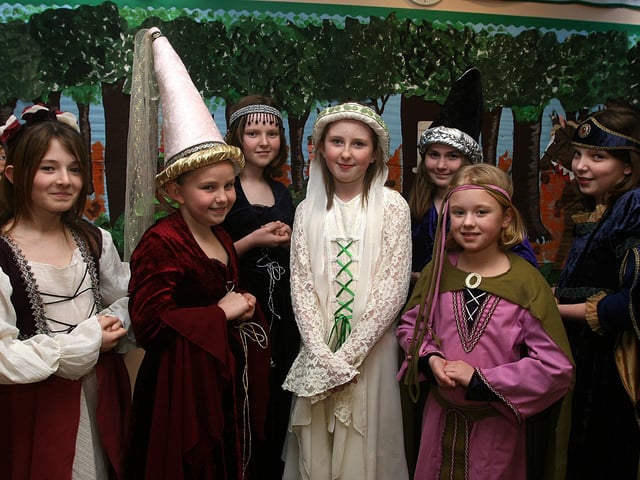 Laura Smallwoods (centre), who  plays ‘Maid Marion’, in the school play ‘Hoodwinked’, put on by pupils at Lisnagelvin Primary School, with her ’Ladies in Waiting’ (from left), Anne Kilgore, Loren Smallwoods, Chloe Henry, Jessica Tinney, Nicole McFaul and Joanne Hawthorne.   LS13-515MT.