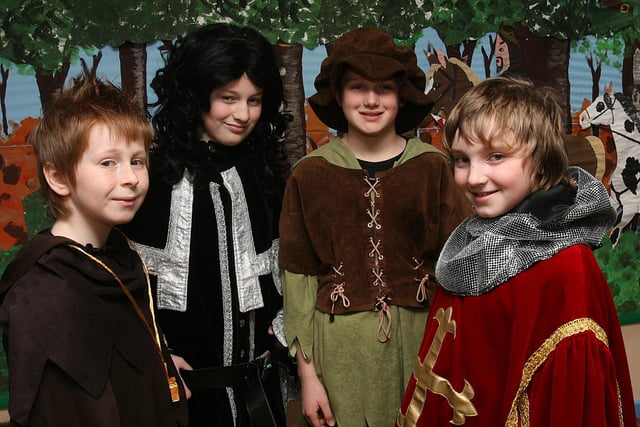 Pupils who played principal roles in the school play ‘Hoodwinked’, put on by pupils at Lisnagelvin Primary School.  From left are Luke Scott, ‘Friar Tuck, Michal Gardiner, ‘The Sheriff’, Patrick Leeson, ‘Sheriff’s Deputy’ and Stephen McCarter, ‘King Richard’. LS13-519MT.