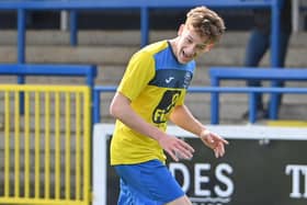 St Columb's College striker Tiernan McKinney celebrates after scoring his second against St Louis Grammar. Picture by Stephen Hamilton/Inpho