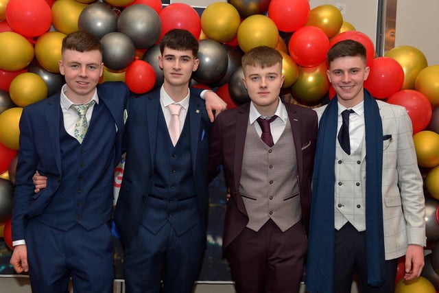 Students Odhran, Cormac , Jack and Conor pictured at the Crana College Formal held in the Inishowen Gateway Hotel on Wednesday evening last.  Photo: George Sweeney.  DER2211GS – 035