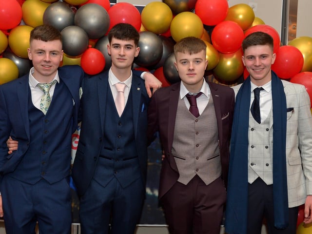 Students Odhran, Cormac , Jack and Conor pictured at the Crana College Formal held in the Inishowen Gateway Hotel on Wednesday evening last. Photo: George Sweeney. DER2211GS – 035