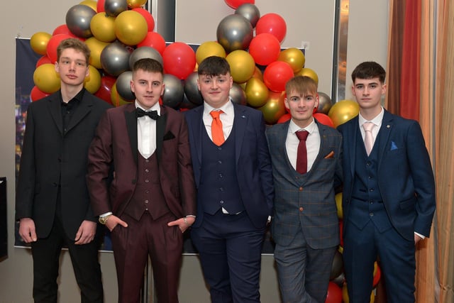 Students Mikhail Forkin, Ryan Hepper, Eoin Colhoun, Kieran Doherty and Cormac Porter pictured at the Crana College Formal held in the Inishowen Gateway Hotel on Wednesday evening last.  Photo: George Sweeney.  DER2211GS – 037