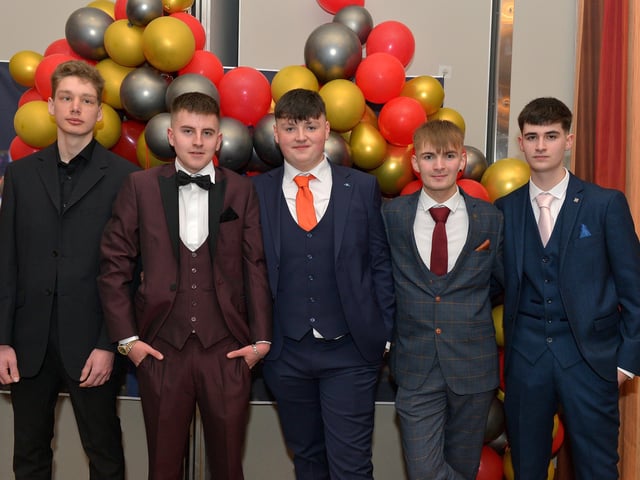 Students Mikhail Forkin, Ryan Hepper, Eoin Colhoun, Kieran Doherty and Cormac Porter pictured at the Crana College Formal held in the Inishowen Gateway Hotel on Wednesday evening last. Photo: George Sweeney. DER2211GS – 037