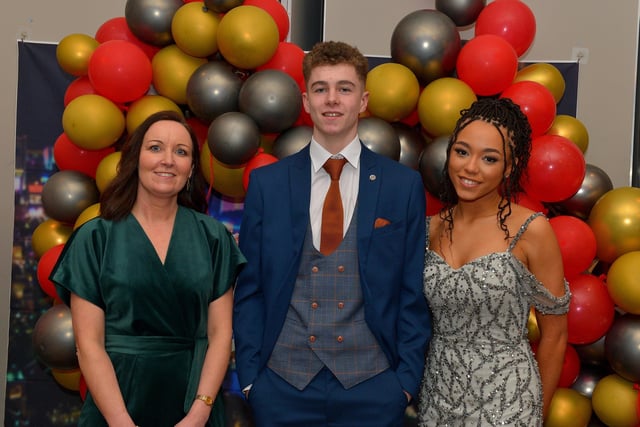 Deputy Principal Ms Sinead Anderson, Head Boy Michael McElroy and Head Girl Roisin Doyle pictured at the Crana College Formal held in the Inishowen Gateway Hotel on Wednesday evening last.  Photo: George Sweeney.  DER2211GS – 043