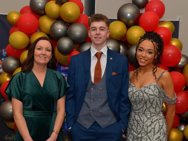 Deputy Principal Ms Sinead Anderson, Head Boy Michael McElroy and Head Girl Roisin Doyle pictured at the Crana College Formal held in the Inishowen Gateway Hotel on Wednesday evening last. Photo: George Sweeney. DER2211GS – 043