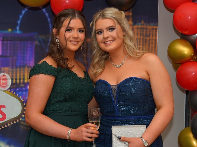 Students Kacie Bradley and Ciara Doherty pictured at the Crana College Formal held in the Inishowen Gateway Hotel on Wednesday evening last. Photo: George Sweeney. DER2211GS – 031