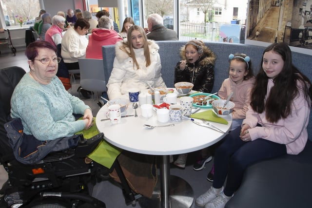 Enjoying the famous 7-piece fry at the Cathedral Youth Clubâ€TMs St. Patrickâ€TMs Day festivities are from left, Joan Robb with Kate Sherrard, Chrissy Sherrard, Maisie Mallon and Ruby Mallon on Thursday.