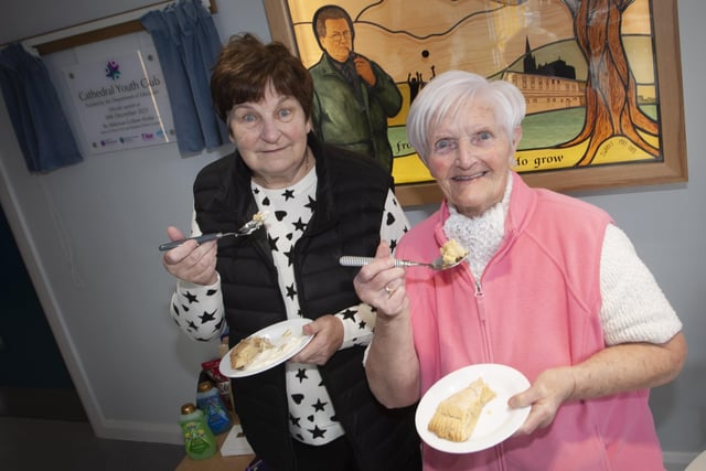 Apple tart and cream for Leagh Burke and Margaret Kelso at the Cathedral YC on Thursday.