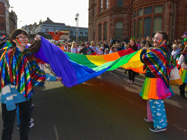 Participants in colourful costume at the St Patrick’s Day parade. Photo: George Sweeney / Derry Journal. DER2211GS – 121