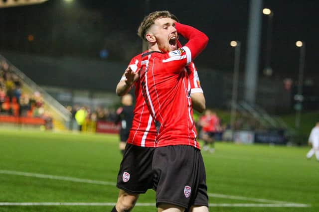 Jamie McGonigle celebrates his first goal against Drogheda United. Photograph by Kevin Moore.
