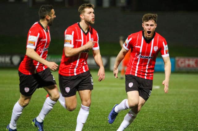 Will Patching netted a stoppage time winner to earn all three points for Derry City against St Pat's. Photograph by Kevin Moore.