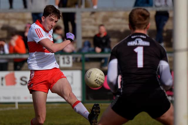 Derry's Paul Cassidy shoots wide of the Galway goal during the game in Owenbeg today. (Photo: George Sweeney)