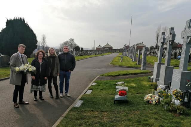 Left to right, Pádraig Delargy MLA, Bernie McGuinness, Fionnuala McGuinness and Patrick Hampson, laying a floral wreath to mark Martin McGuinness' fifth anniversary which falls today.