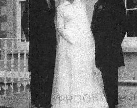 Rev. Joseph McCauley with Brian McElhinney and Mary Keohane on the steps of Boomhall, St Patrick's Day 1956