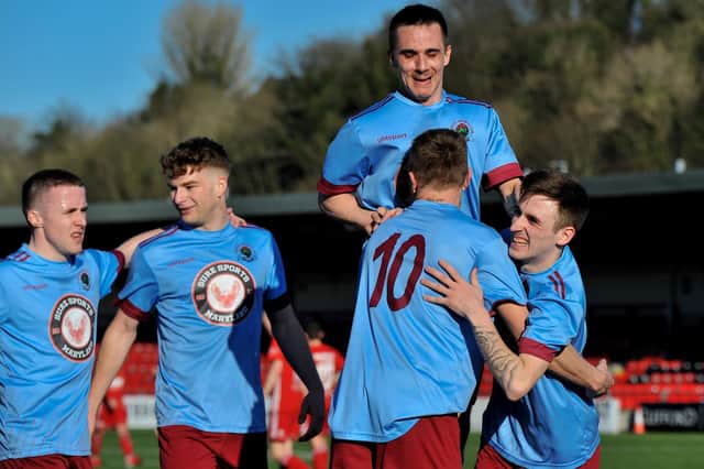 Institute's Ian Parkhill (10) celebrates scoring his second goal against Annagh United, with team-mates Brendan McLaughlin, Mark McFadden, Gareth Brown and Jamie Dunne. Picture by George Sweeney.