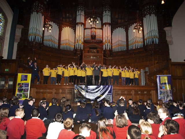 CELEBRATING WORLD DOWN SYNDROME DAY. . . . The Mayor joins in the Celebrating World Down Syndrome Day with the Foyle Down Syndrome Trust at the Guildhall on Monday morning as primary schools from throughout the city join in the Trustâ€TMs Down Right Fit Workshop at the Main Hall in the Guildhall. (Photos: Jim McCafferty Photography)