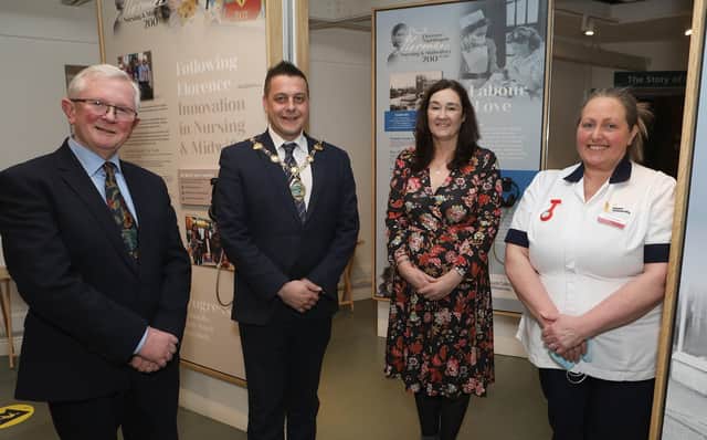 Mayor of Derry and Strabane, Alderman Graham Warke, pictured with Prof. Martin Bradley, Secretary of Florence Nightingale Foundation Committee NI, and, from right, Student Nurse Isabel Stephenson and Roisin Doherty, curator, at the launch of the Florence Nightingale and Nursing in Ireland Exhibition held in the Tower Museum.