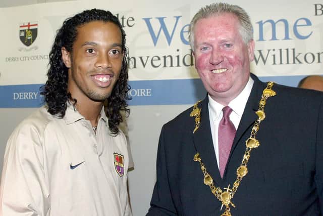 Barcelona star Ronaldinho is greeted by Mayor of Derry Shaun Gallagher on his arrival for the 2003 friendly at the Brandywell. Picture by Margaret McLaughlin