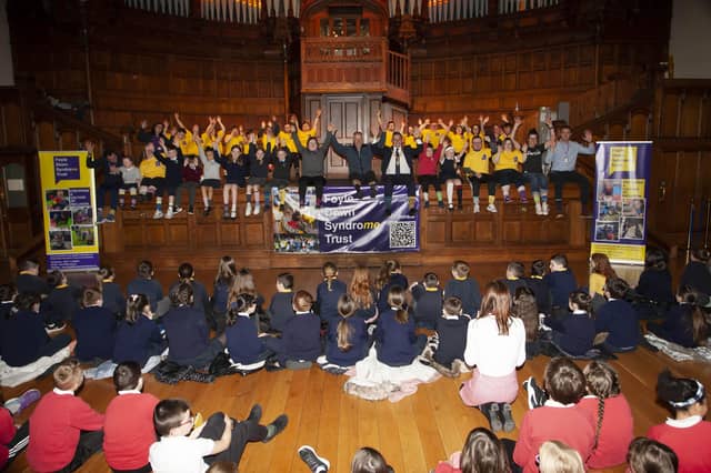 CELEBRATING WORLD DOWN SYNDROME DAY. . . . The Mayor joins in the Celebrating World Down Syndrome Day with the Foyle Down Syndrome Trust at the Guildhall on Monday morning as primary schools from throughout the city join in the Trustâ€TMs Down Right Fit Workshop at the Main Hall in the Guildhall. (Photos: Jim McCafferty Photography)